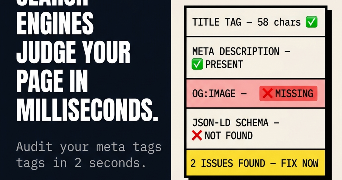 Meta Tag Analyzer showing title tag length at 73 characters over limit, meta description missing, og:image tag not found, and JSON-LD schema not detected