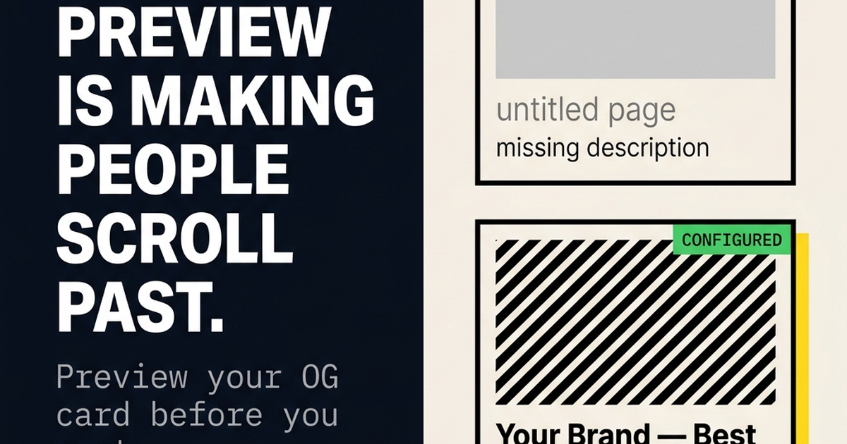 Open Graph Card Tester showing a broken link preview with no image versus a correctly configured rich social card with title, description and branded image on X and LinkedIn